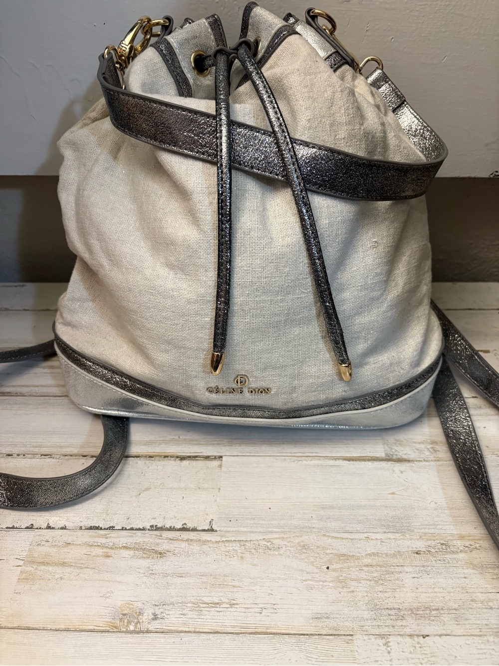 Celine Cream Canvas Drawstring Crossbody with Metallic Silver Trim